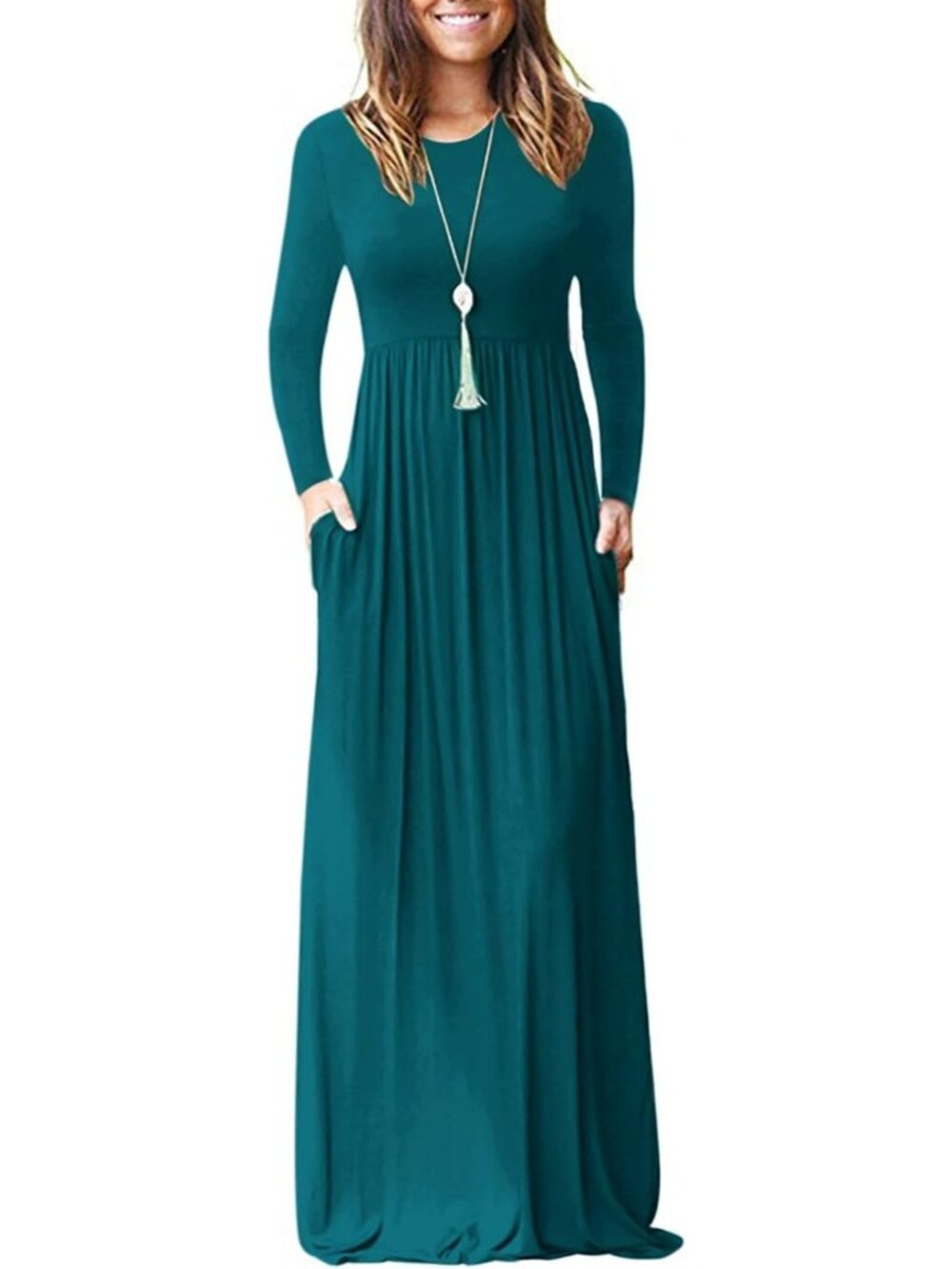 Women's Dark Green Crew Neck Long Sleeve Pull On Casual Soft Pocket Maxi Dresses
